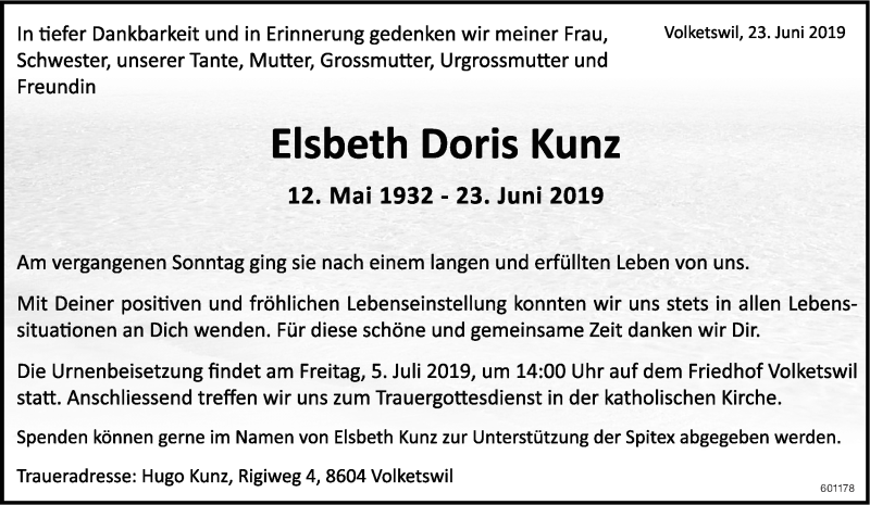  Traueranzeige für Elsbeth Doris Kunz vom 03.07.2019 aus ZO Gesamt