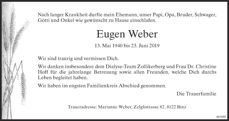  Traueranzeige für Eugen Weber vom 03.07.2019 aus ZO Gesamt