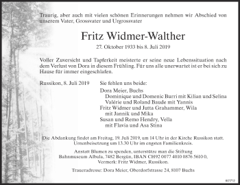 Traueranzeige von Fritz Widmer-Walther von ZO Gesamt