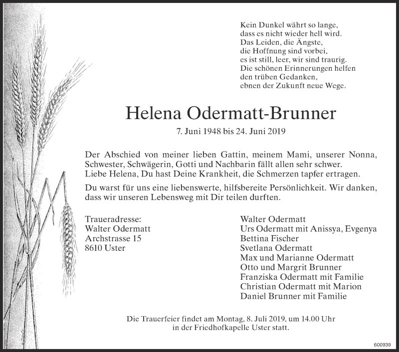  Traueranzeige für Helena Odermatt-Brunner vom 03.07.2019 aus ZO Gesamt