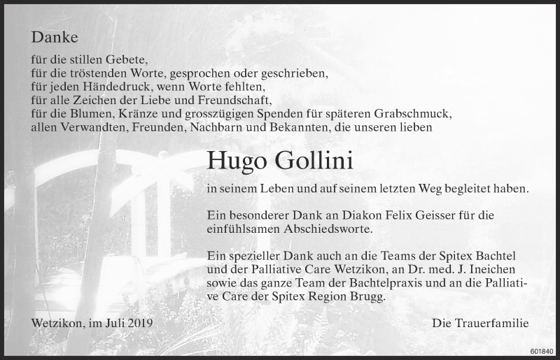  Traueranzeige für Hugo Gollini vom 17.07.2019 aus ZO Gesamt