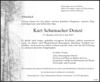 Traueranzeige von Kurt Schumacher-Donzé von ZO Gesamt
