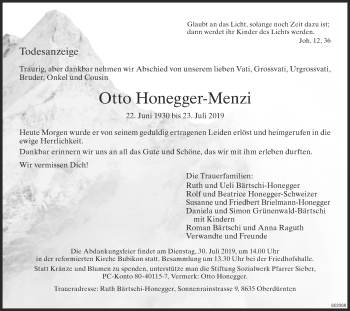 Traueranzeige von Otto Honegger-Menzi von ZO Gesamt