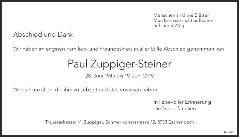  Traueranzeige für Paul Zuppiger-Steiner vom 03.07.2019 aus ZO Gesamt