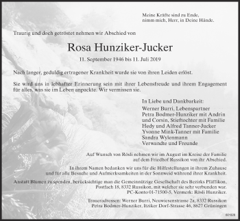 Traueranzeige von Rosa Hunziker-Jucker von ZO Gesamt