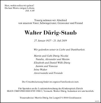 Traueranzeige von Walter Dürig-Staub von Glattaler