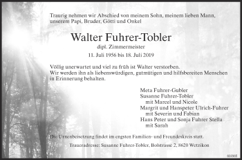 Traueranzeige von Walter Fuhrer-Tobler von ZO Gesamt