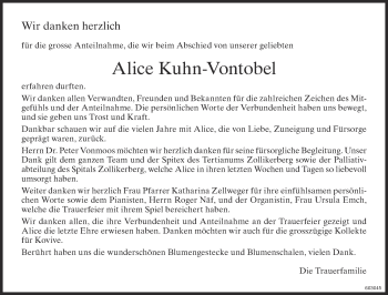 Traueranzeige von Alice Kuhn-Vontobel von ZO Gesamt
