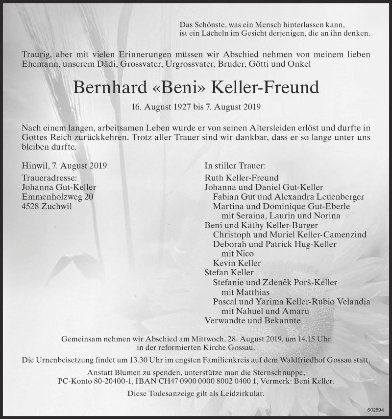  Traueranzeige für Bernhard Keller-Freund vom 14.08.2019 aus ZO Gesamt