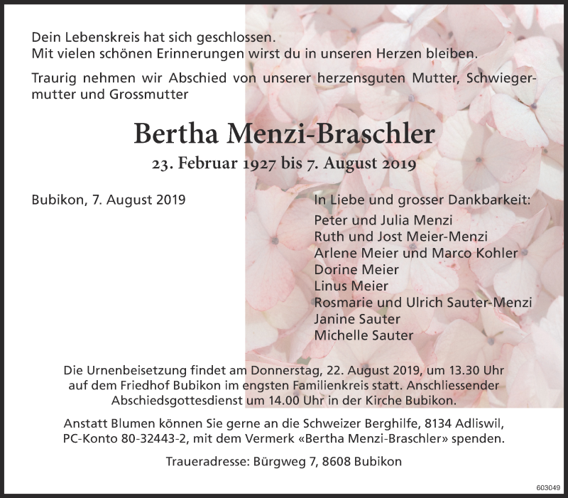  Traueranzeige für Bertha Menzi-Braschler vom 14.08.2019 aus ZO Gesamt
