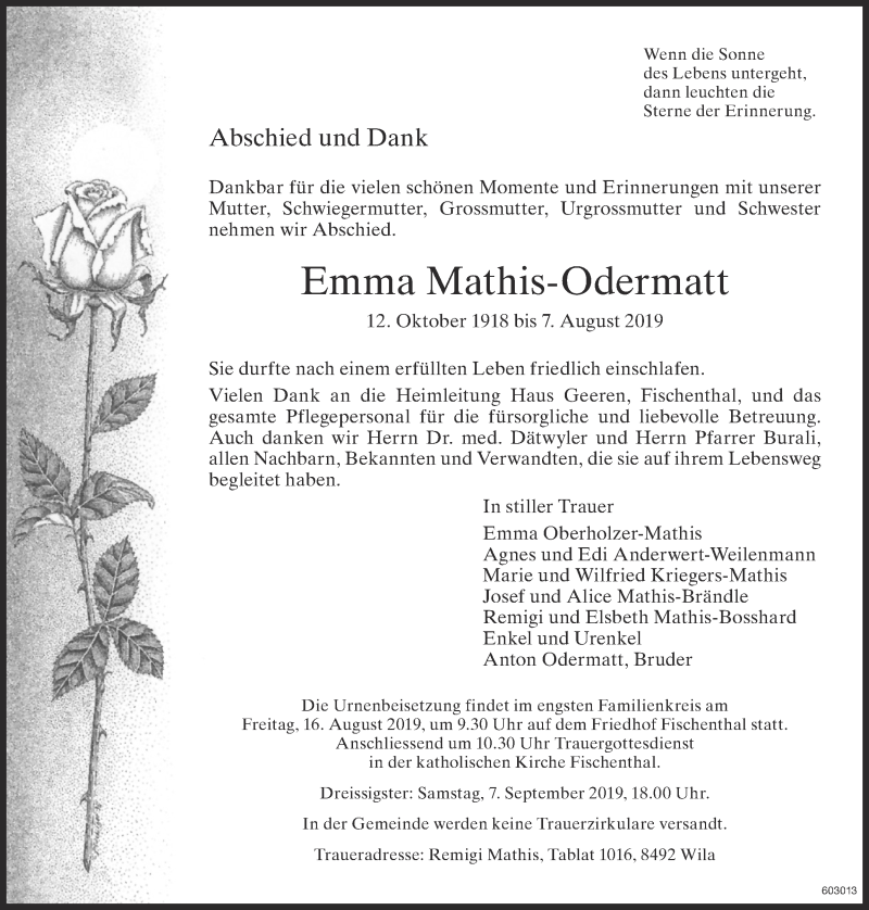  Traueranzeige für Emma Mathis-Odermatt vom 14.08.2019 aus ZO Gesamt