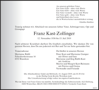 Traueranzeige von Franz Kast-Zollinger von ZO Gesamt