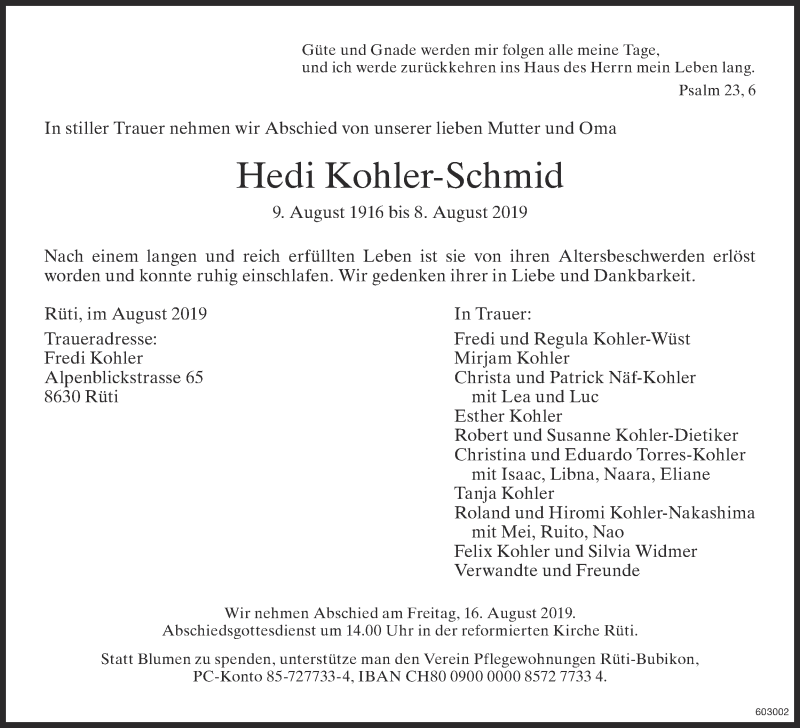 Traueranzeige für Hedi Kohler-Schmid vom 14.08.2019 aus ZO Gesamt