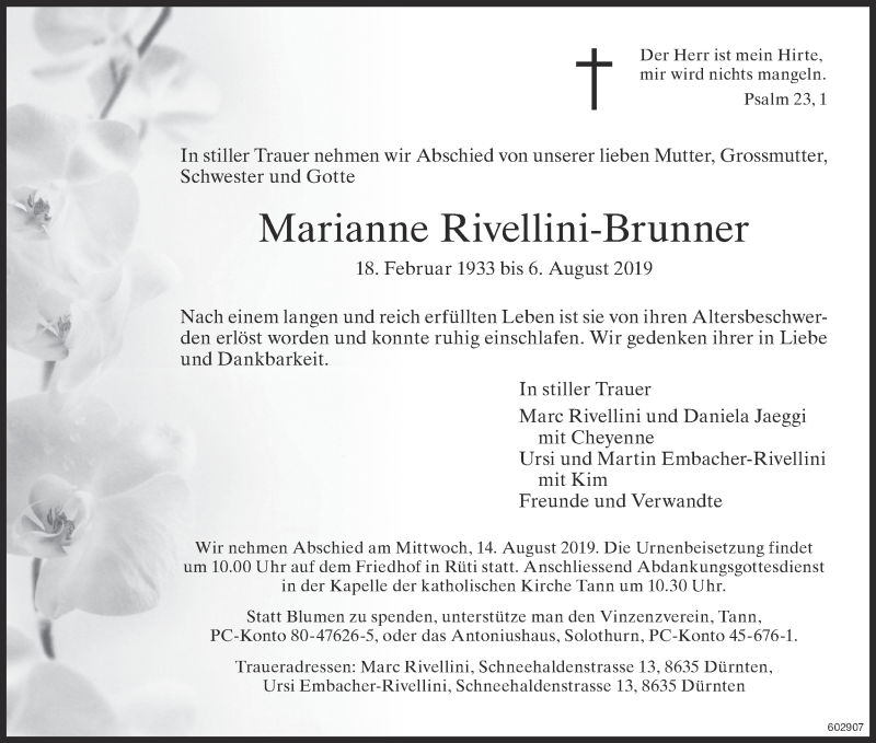  Traueranzeige für Marianne Rivellini-Brunner vom 09.08.2019 aus ZO Gesamt