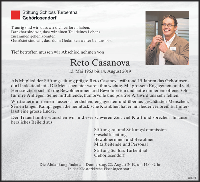  Traueranzeige für Reto Casanova vom 19.08.2019 aus ZO Gesamt
