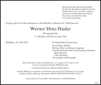 Traueranzeige von Werner Hotz-Hasler von ZO Gesamt