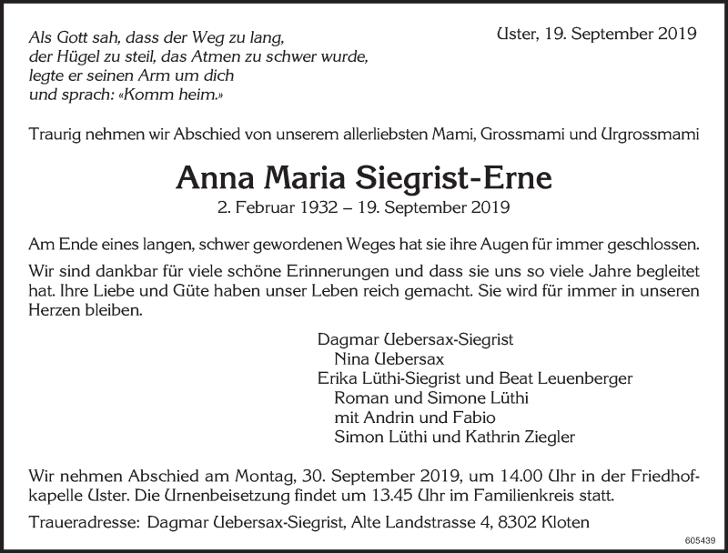  Traueranzeige für Anna Maria Siegrist-Erne vom 25.09.2019 aus ZO Gesamt