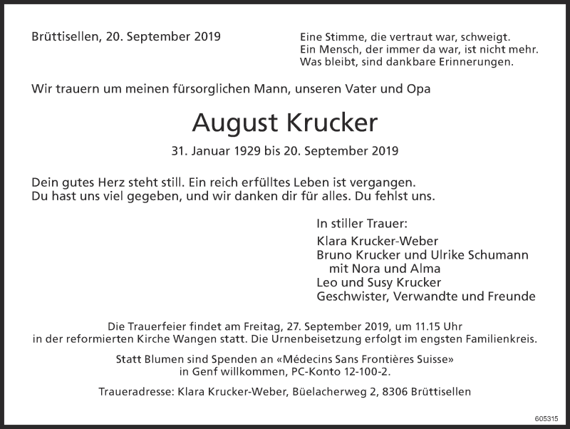  Traueranzeige für August Krucker vom 25.09.2019 aus ZO Gesamt