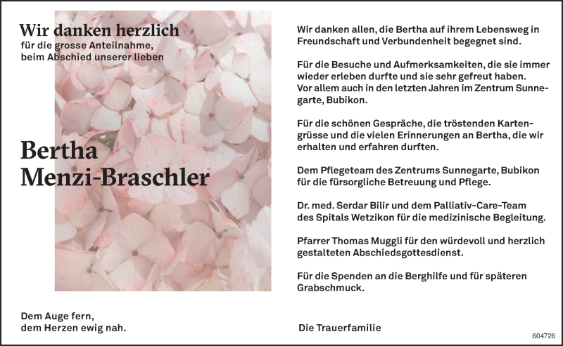  Traueranzeige für Bertha Menzi-Braschler vom 18.09.2019 aus ZO Gesamt