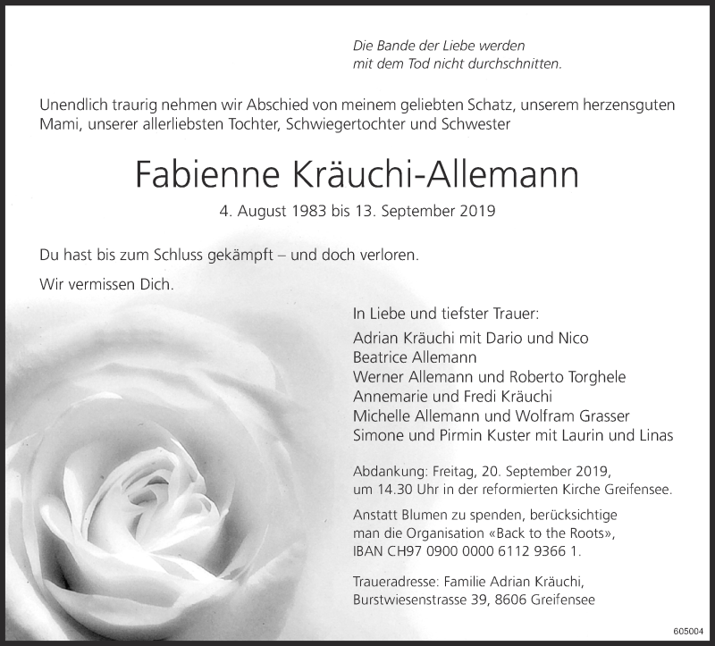  Traueranzeige für Fabienne Kräuchi-Allemann vom 18.09.2019 aus ZO Gesamt