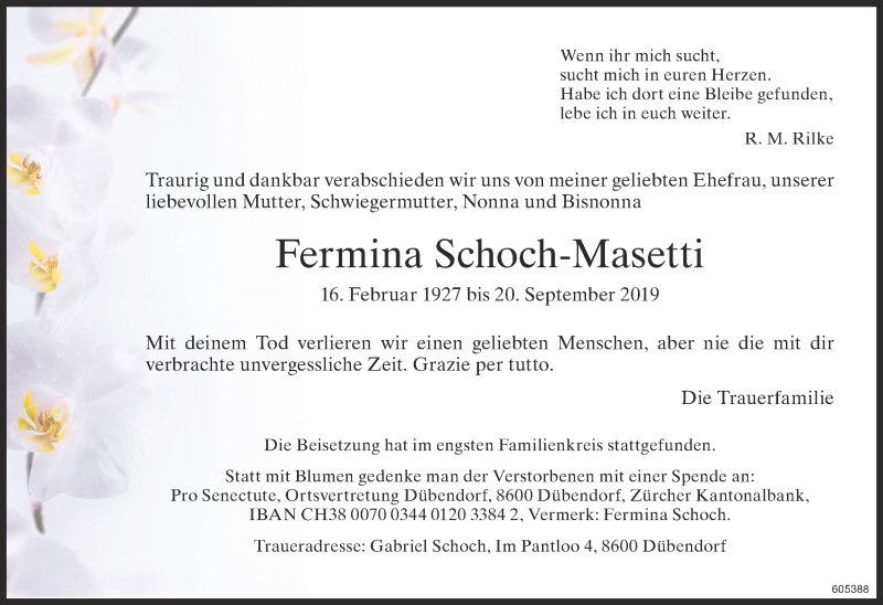  Traueranzeige für Fermina Schoch-Masetti vom 25.09.2019 aus ZO Gesamt