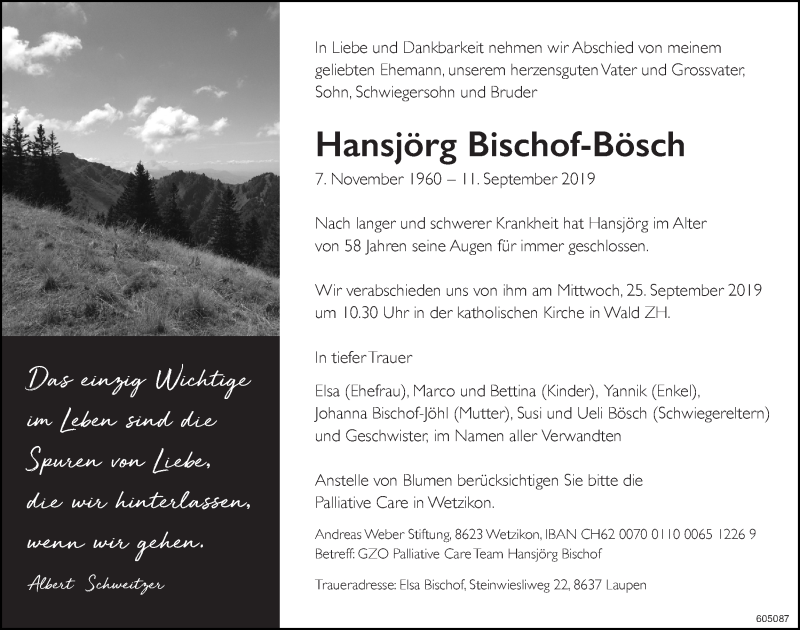  Traueranzeige für Hansjörg Bischof-Bösch vom 18.09.2019 aus ZO Gesamt