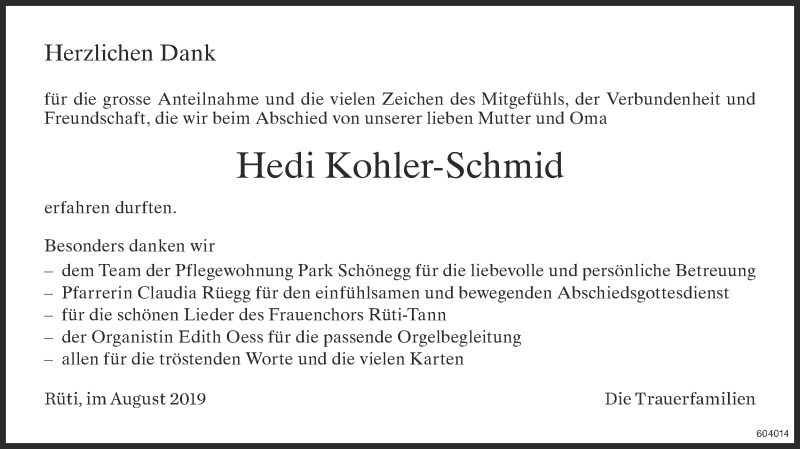 Traueranzeige für Hedi Kohler-Schmid vom 04.09.2019 aus ZO Gesamt