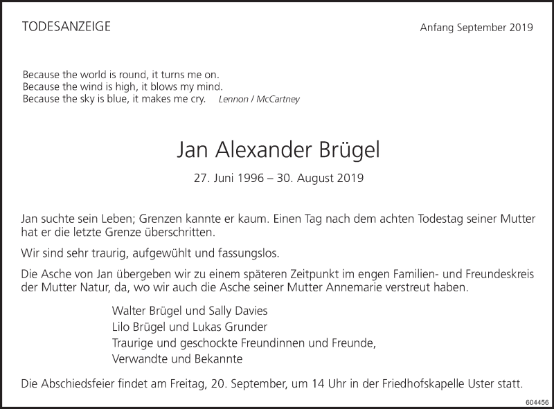  Traueranzeige für Jan Alexander Brügel vom 11.09.2019 aus ZO Gesamt