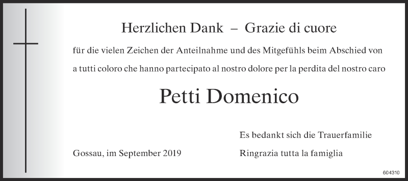  Traueranzeige für Petti Domenico vom 11.09.2019 aus ZO Gesamt