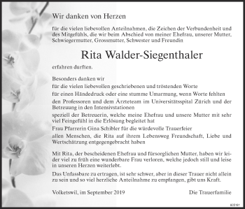 Traueranzeige von Rita Walder-Siegenthaler von Glattaler