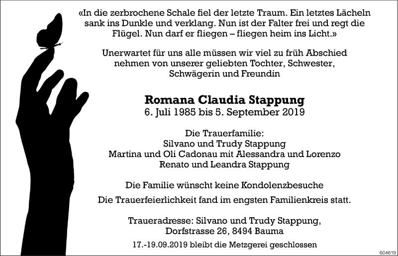  Traueranzeige für Romana Claudia Stappung vom 12.09.2019 aus ZO Gesamt