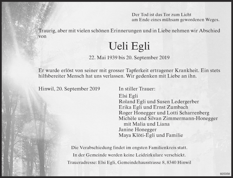  Traueranzeige für Ueli Egli vom 25.09.2019 aus ZO Gesamt
