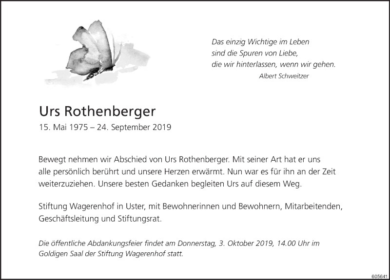  Traueranzeige für Urs Rothenberger vom 01.10.2019 aus ZO Gesamt