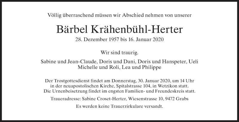  Traueranzeige für Bärbel Krähenbühl-Herter vom 22.01.2020 aus ZO solo