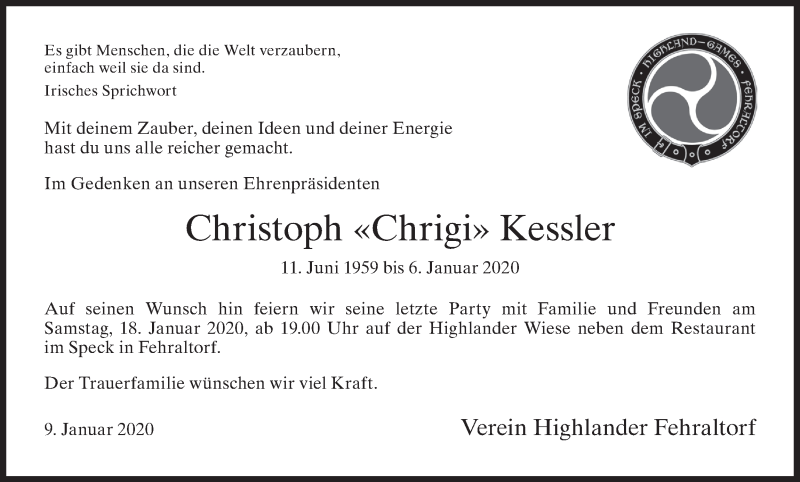  Traueranzeige für Christoph Kessler vom 13.01.2020 aus ZO solo