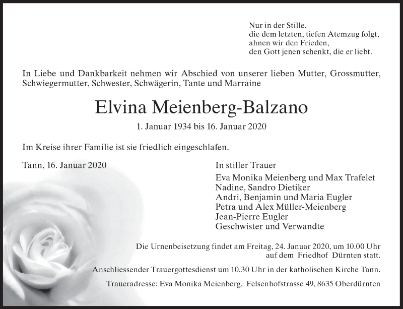  Traueranzeige für Elvina Meienberg-Balzano vom 22.01.2020 aus ZO solo