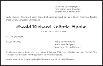 Traueranzeige von Ewald Richard Knöpfle-Spohn von GL solo