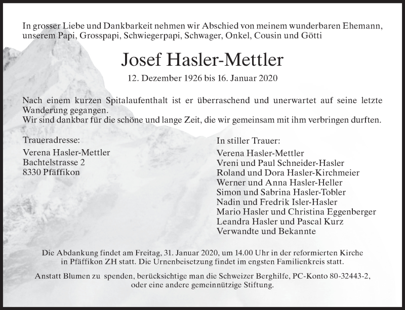  Traueranzeige für Josef Hasler-Mettler vom 24.01.2020 aus AvU