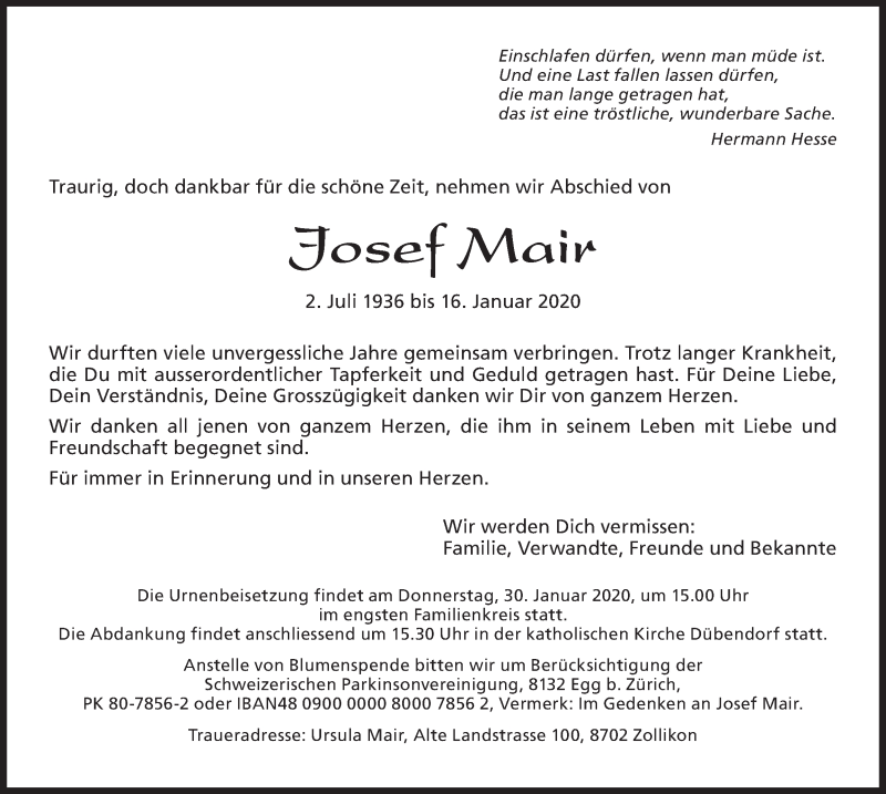  Traueranzeige für Josef Mair vom 24.01.2020 aus GL solo