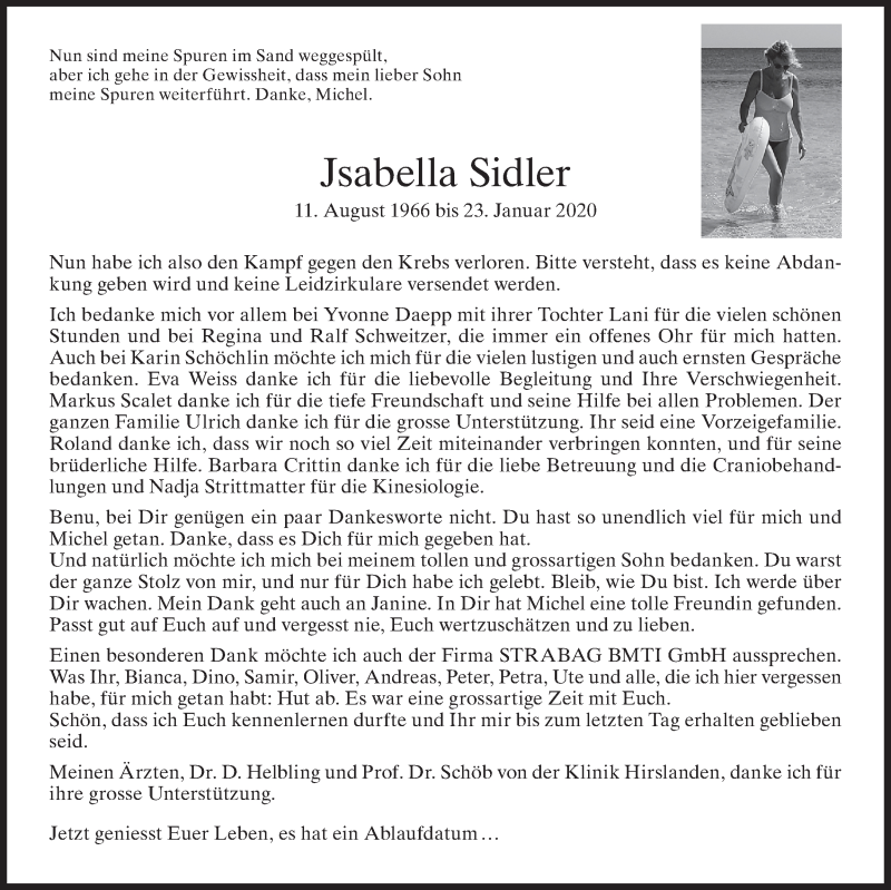  Traueranzeige für Jsabella Sidler vom 29.01.2020 aus ZO solo