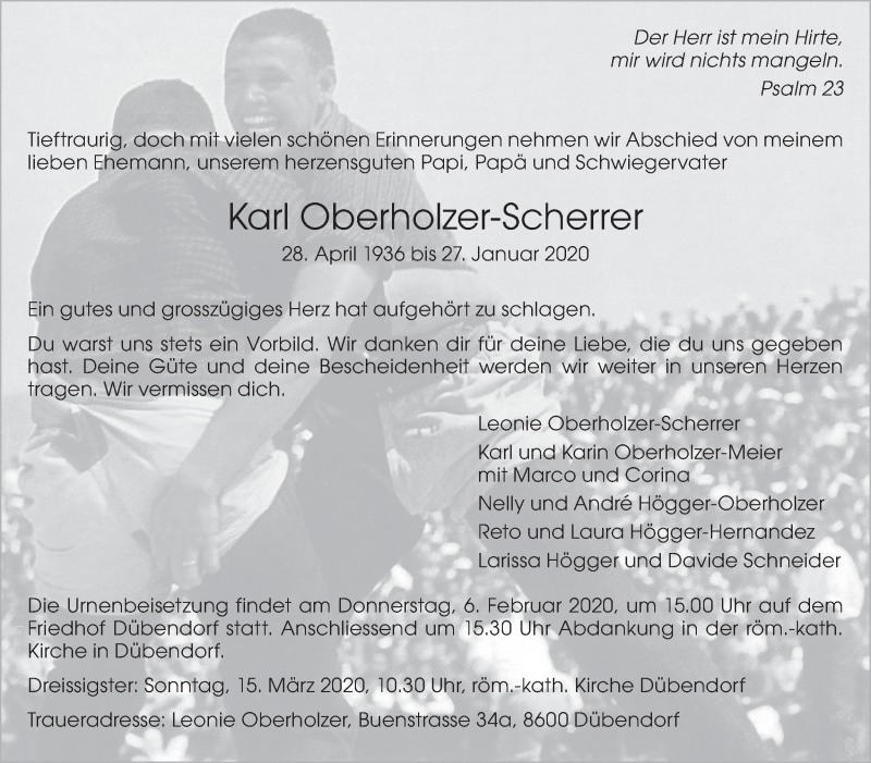  Traueranzeige für Karl Oberholzer-Scherrer vom 31.01.2020 aus GL solo