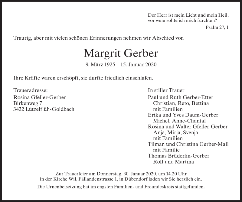  Traueranzeige für Margrit Gerber vom 24.01.2020 aus GL solo