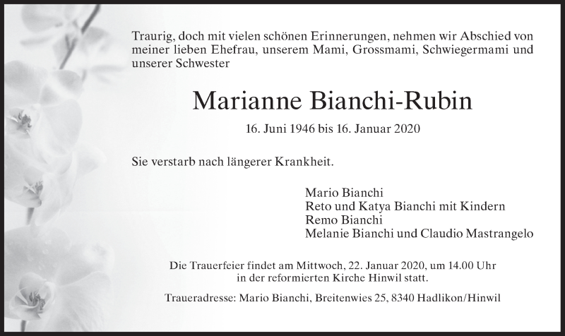  Traueranzeige für Marianne Bianchi-Rubin vom 18.01.2020 aus AvU