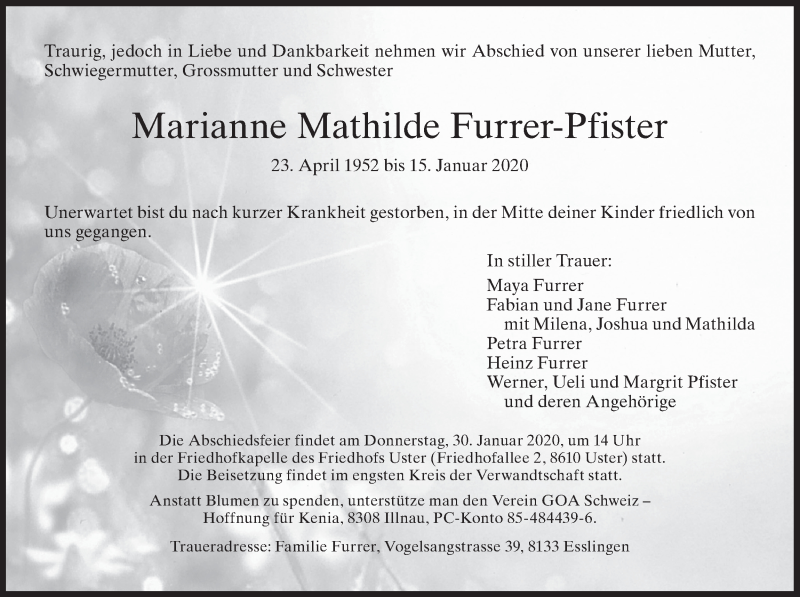  Traueranzeige für Marianne Mathilde Furrer-Pfister vom 22.01.2020 aus ZO solo