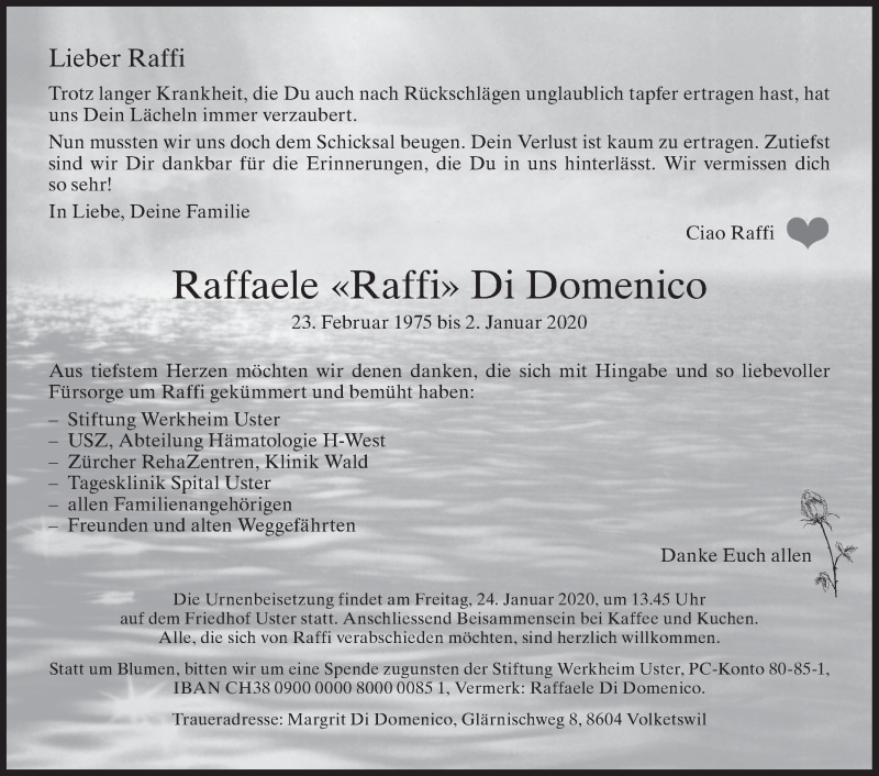  Traueranzeige für Raffaele Di Domenico vom 08.01.2020 aus ZO solo