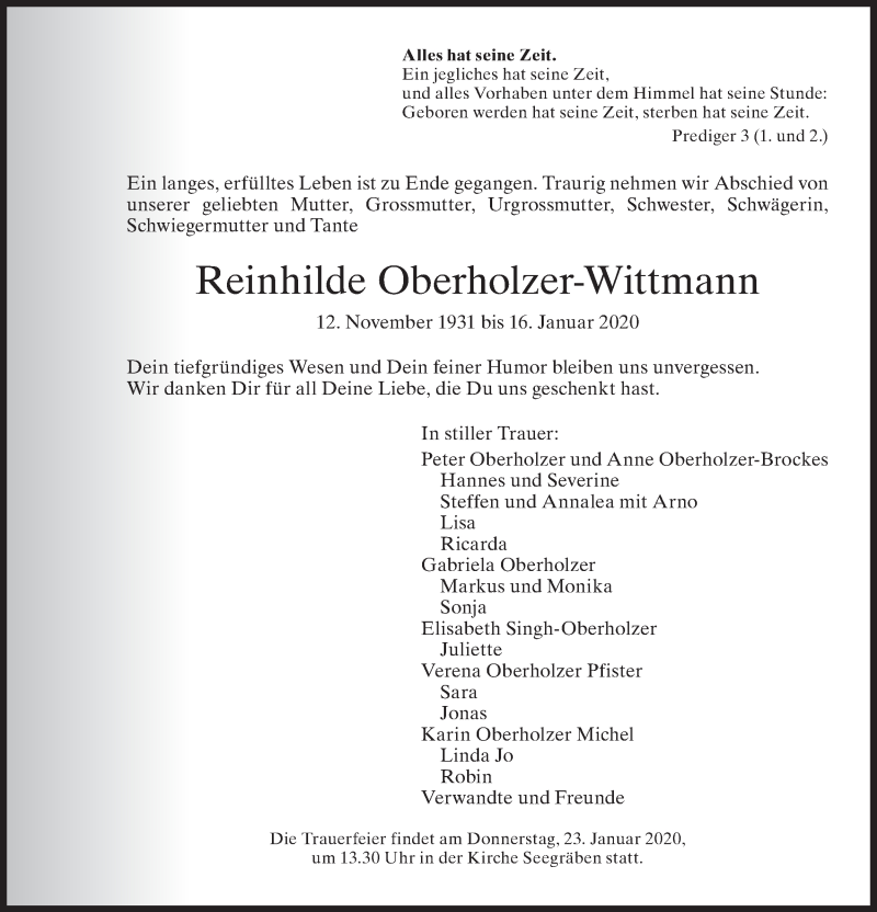  Traueranzeige für Reinhilde Oberholzer-Wittmann vom 21.01.2020 aus ZO solo