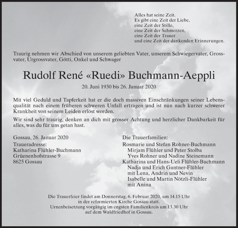  Traueranzeige für Rudolf René Buchmann-Aeppli vom 29.01.2020 aus ZO solo