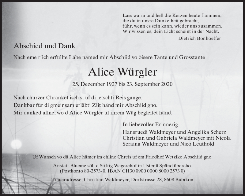  Traueranzeige für Alice Würgler vom 07.10.2020 aus AvU
