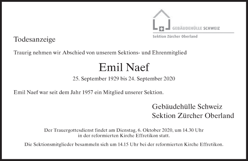  Traueranzeige für Emil Naef vom 06.10.2020 aus AvU