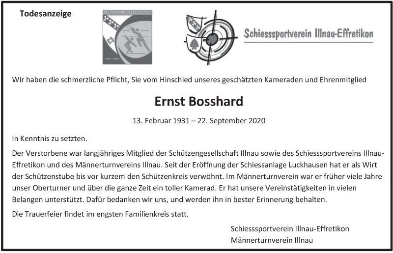  Traueranzeige für Ernst Bosshard vom 08.10.2020 aus AvU